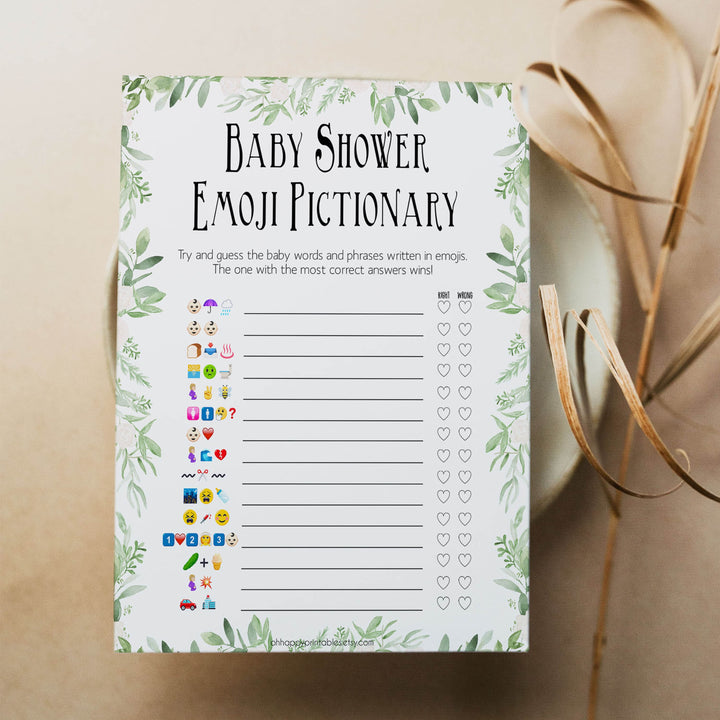 Green Leaf Emoji Pictionary Baby Shower Games, Emoji Baby Shower Games, Botanical Emoji Pictionary, Green Baby Shower Emoji Game, Emoji , printable baby shower games, fun baby shower games, popular baby shower games