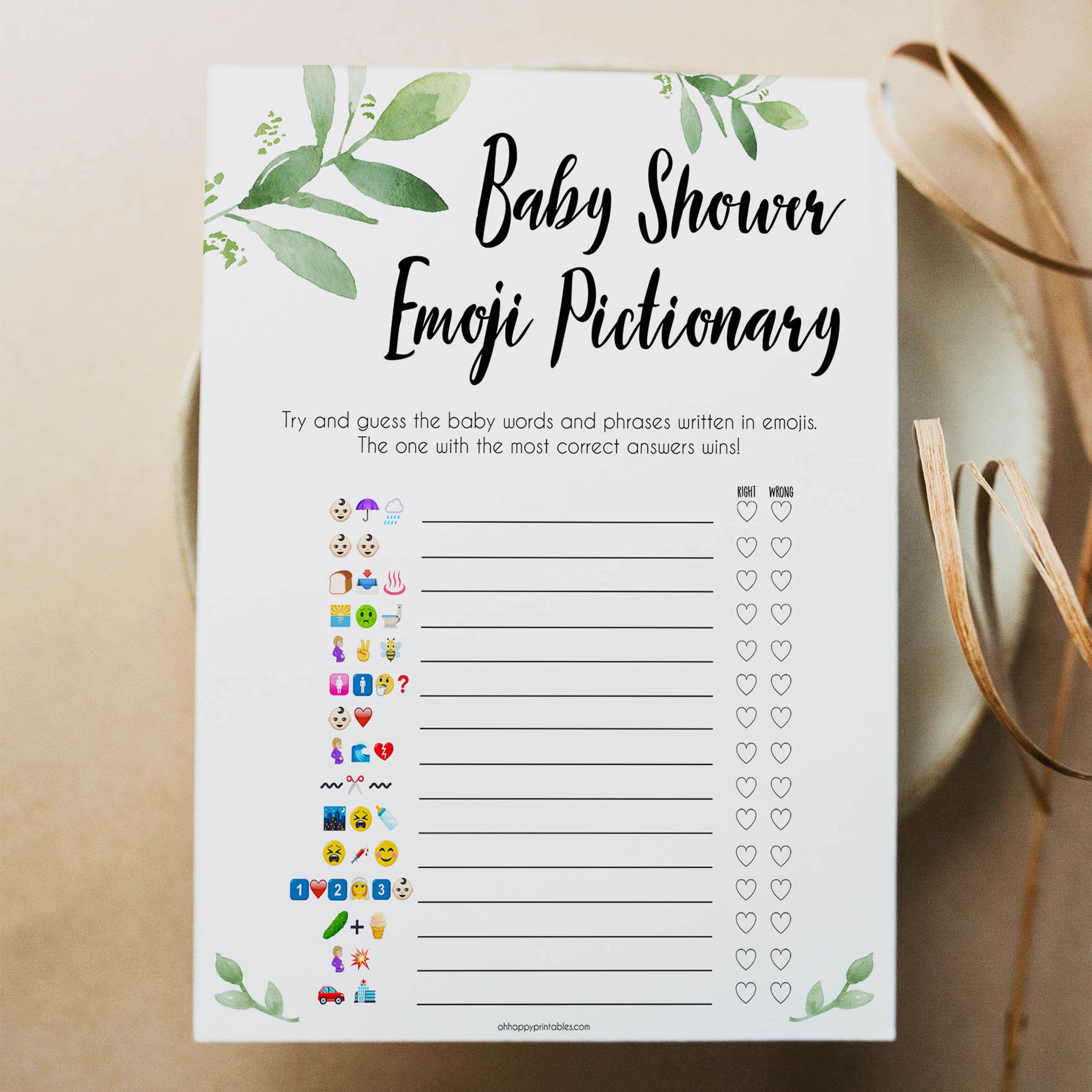 Botanical Emoji Pictionary Baby Shower Games, Emoji Baby Shower Games, Botanical Emoji Pictionary, Green Baby Shower Emoji Game, Emoji , best baby shower games, funny baby games, printable baby shower games