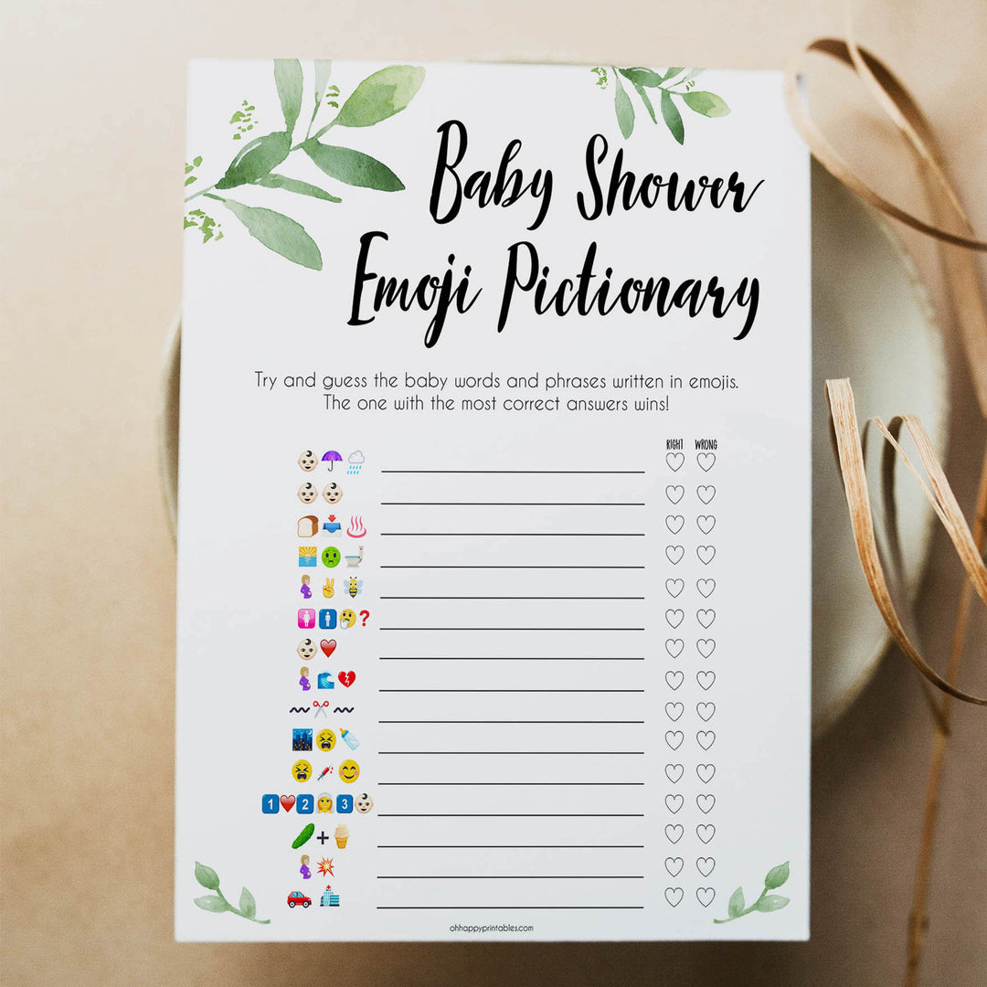 Botanical Emoji Pictionary Baby Shower Games, Emoji Baby Shower Games, Botanical Emoji Pictionary, Green Baby Shower Emoji Game, Emoji , best baby shower games, funny baby games, printable baby shower games