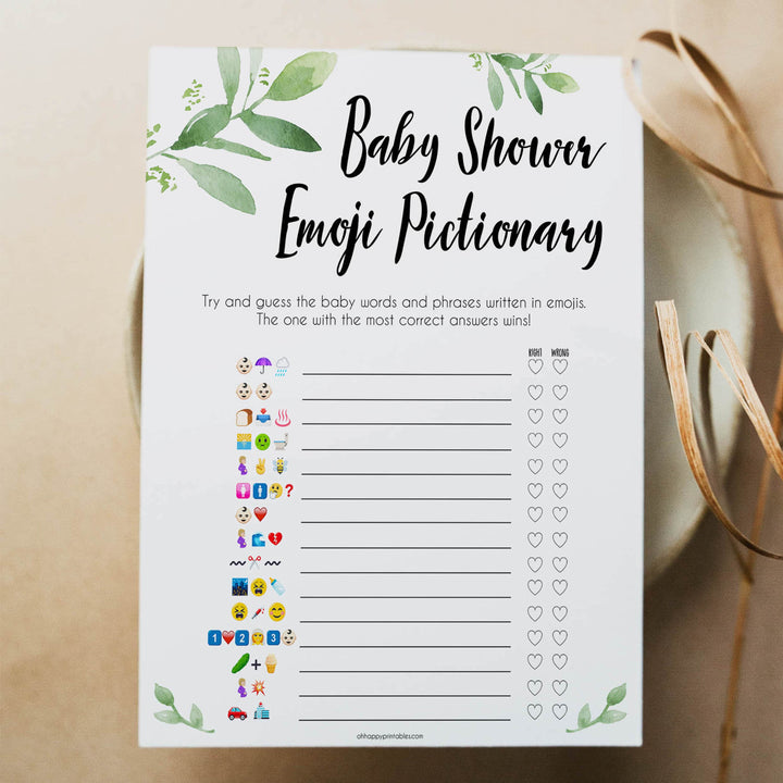 Botanical Emoji Pictionary Baby Shower Games, Emoji Baby Shower Games, Botanical Emoji Pictionary, Green Baby Shower Emoji Game, Emoji , best baby shower games, funny baby games, printable baby shower games