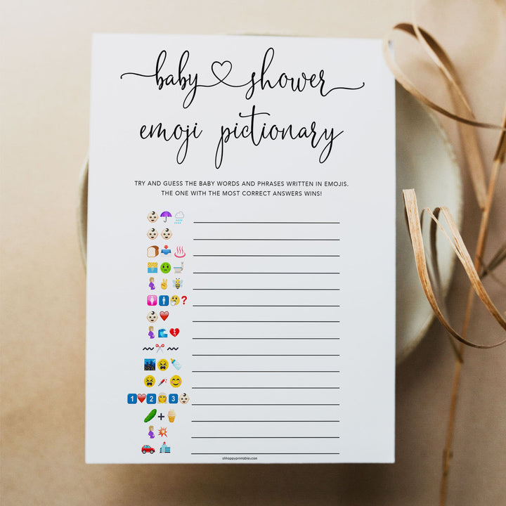 Minimalist baby shower games, emoji pictionary baby games, 10 baby game bundles, fun baby games, printable baby games, top baby games, popular baby games, labor or porn games, neutral baby games, gender reveal games