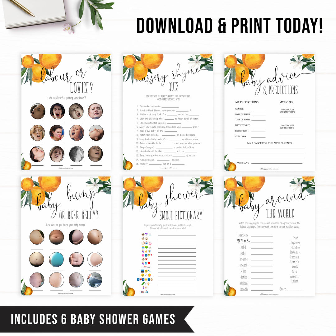 6 baby shower games bundle, Printable baby shower games, little cutie baby games, baby shower games, fun baby shower ideas, top baby shower ideas, little cutie baby shower, baby shower games, fun little cutie baby shower ideas, citrus baby shower games, citrus baby shower, orange baby shower