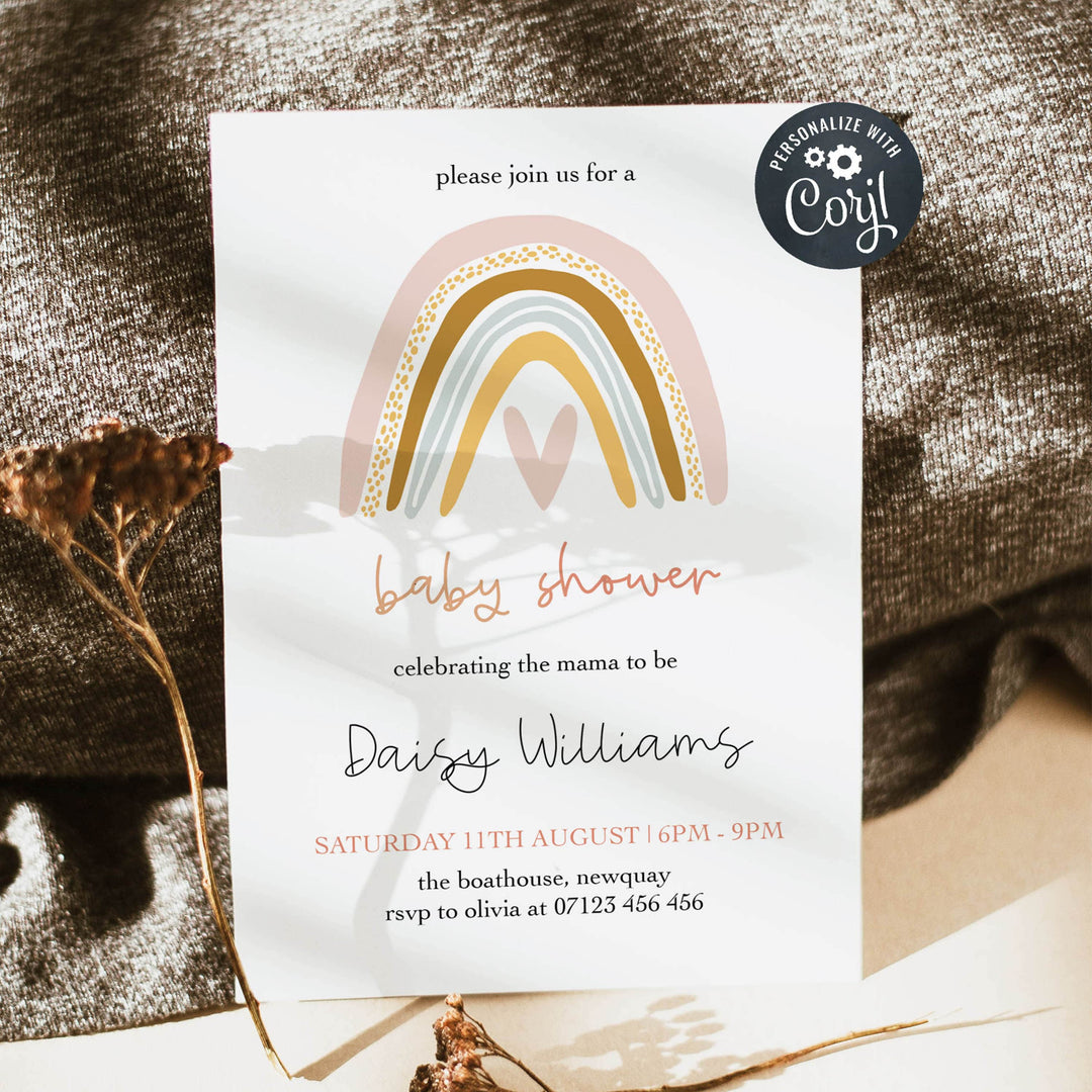 editable boho rainbow baby shower invitations, printable baby shower invitations, boho rainbow baby shower theme, baby shower invites