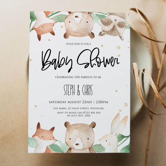 editable woodland baby shower invitations, printable woodland animals baby shower invitations, woodland animals baby shower