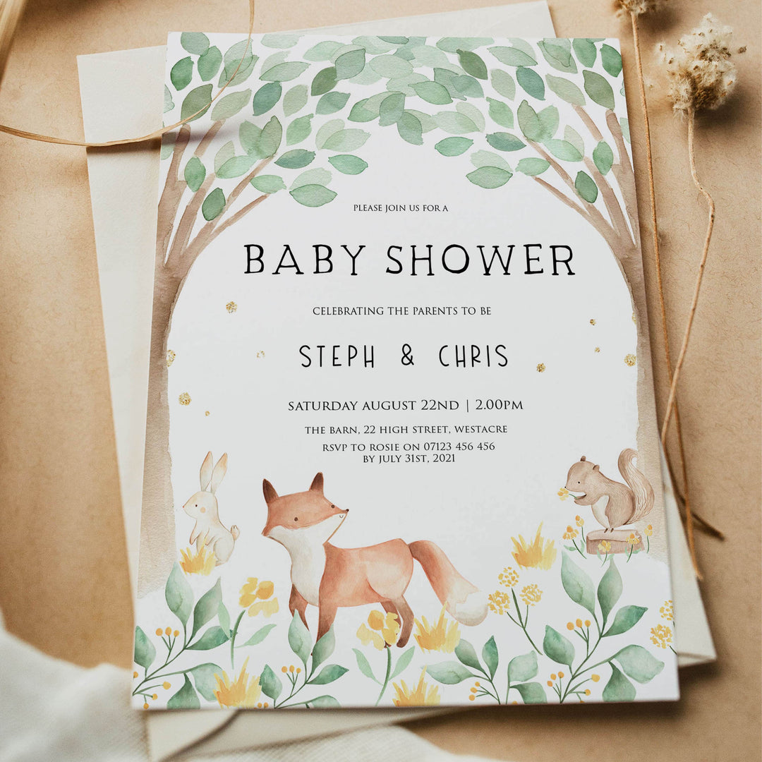 editable baby shower invitations, editable woodland animals baby shower invites, printable baby shower woodland invitations