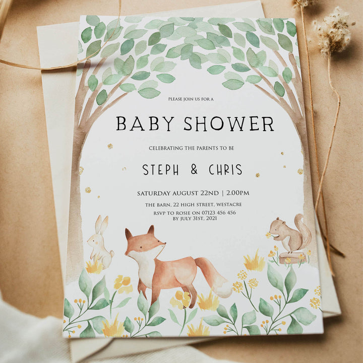 editable baby shower invitations, editable woodland animals baby shower invites, printable baby shower woodland invitations