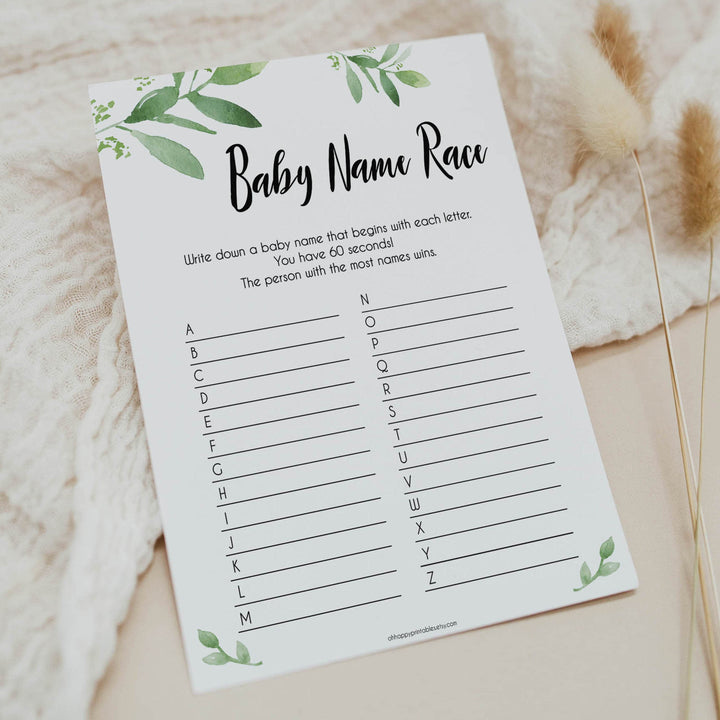 Botanical Baby Name Race Game, Greenery Baby Shower Games, Baby Names Game, Baby Names, Botanical Baby Shower Game, Baby Name Race, fun baby games, top baby games