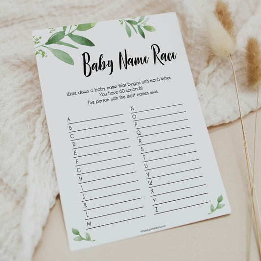 Botanical Baby Name Race Game, Greenery Baby Shower Games, Baby Names Game, Baby Names, Botanical Baby Shower Game, Baby Name Race, fun baby games, top baby games