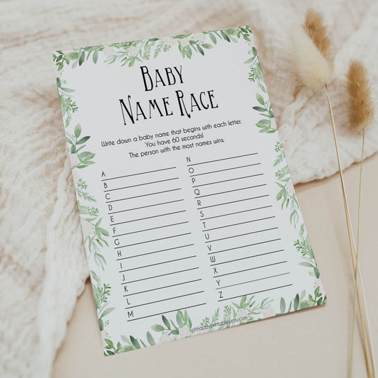 Baby Name Race Game, Green Leaf Baby Shower Games, Baby Names Game, Baby Names, Botanical Baby Shower Game, Green Leaf Baby Name Race, printable baby shower games, fun baby shower games, popular baby shower games