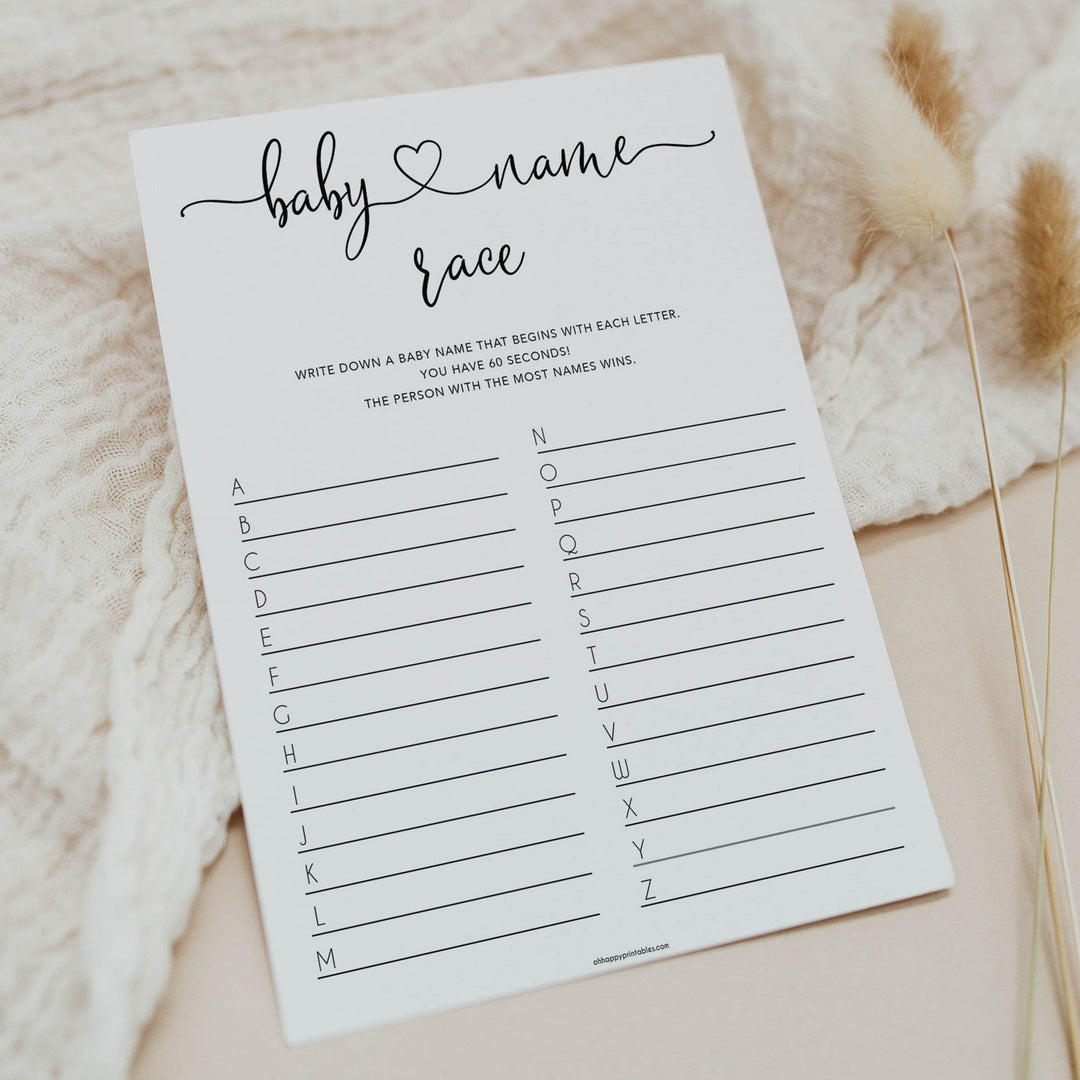 Minimalist baby shower games, baby name race baby games, 10 baby game bundles, fun baby games, printable baby games, top baby games, popular baby games, labor or porn games, neutral baby games, gender reveal games