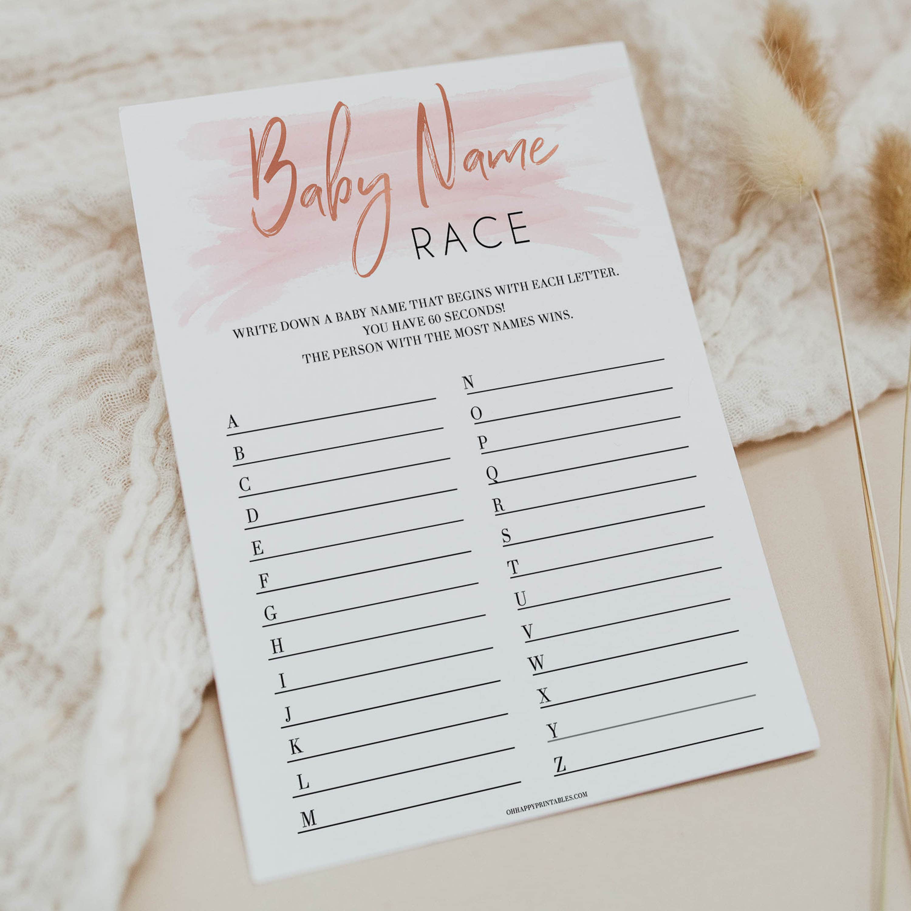 Baby name race pink game, printable baby shower games, baby shower games, fun baby shower games, popular baby shower games