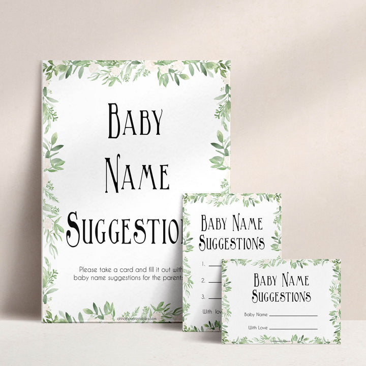 greenery baby name suggestion game, baby name suggestion keepsake, baby shower games, printable baby games, printable baby keepsake, fun baby games