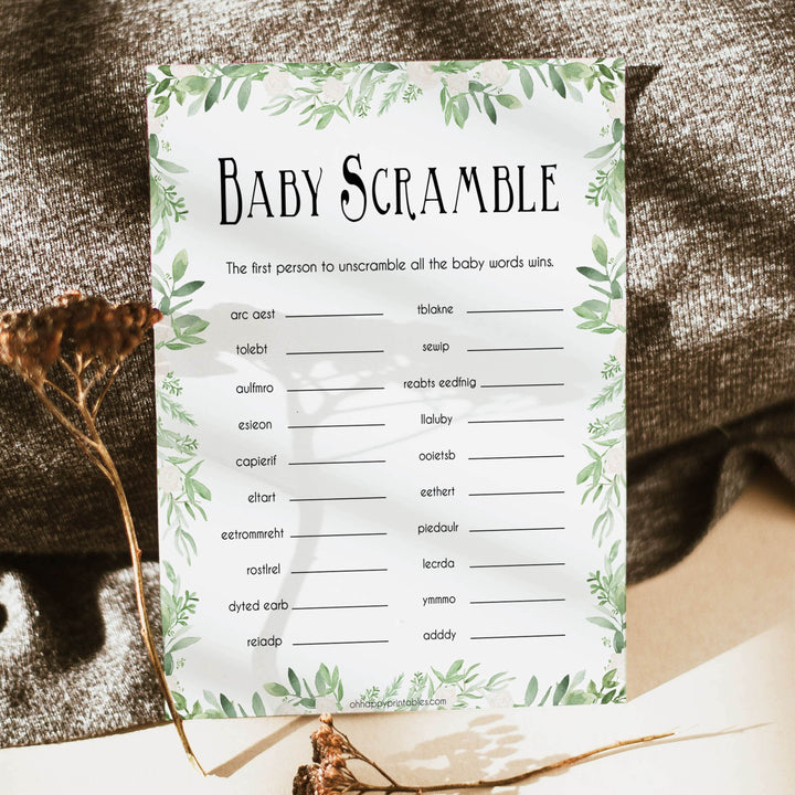 Green Leaf Baby Word Scramble Game, Baby Word Scramble, Baby Scattagories, Green Baby Shower, Word Scramble, Botanical Baby Shower, printable baby shower games, fun baby shower games, popular baby shower games