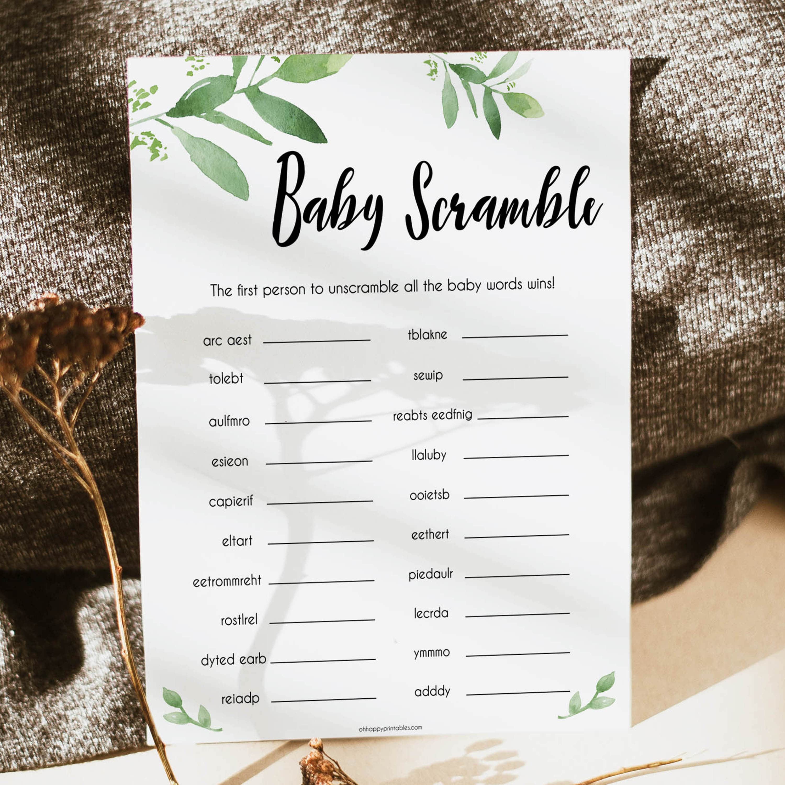 Botanical Baby Word Scramble Game, Baby Word Scramble, Baby Scattagories, Greenery Baby Shower, Word Scramble, Botanical Baby Shower, top baby shower games, best baby shower games