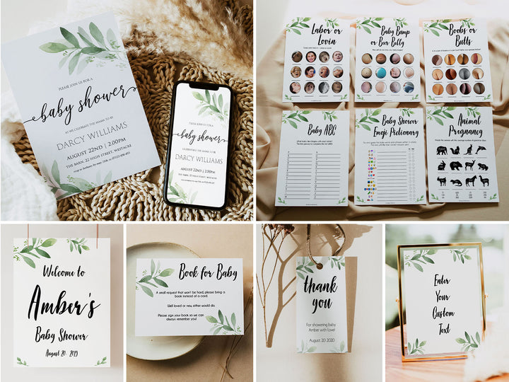 botanical baby shower theme, printable baby shower games, editable baby shower invitations, mega baby shower bundle, fun baby shower games