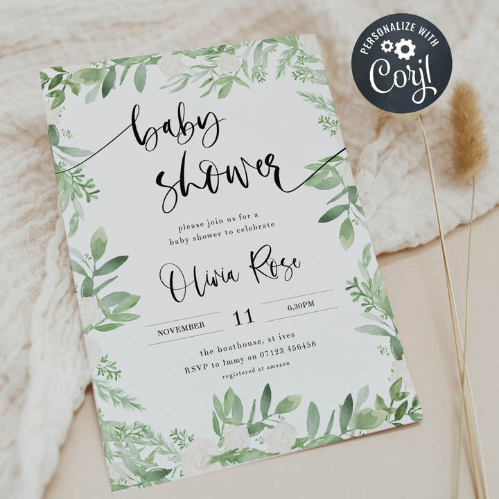 baby shower invitation, Editable baby shower invitations, printable baby shower invitations, green leaf baby shower invitations, botanical baby shower invitations, floral baby shower ideas, floral baby shower theme