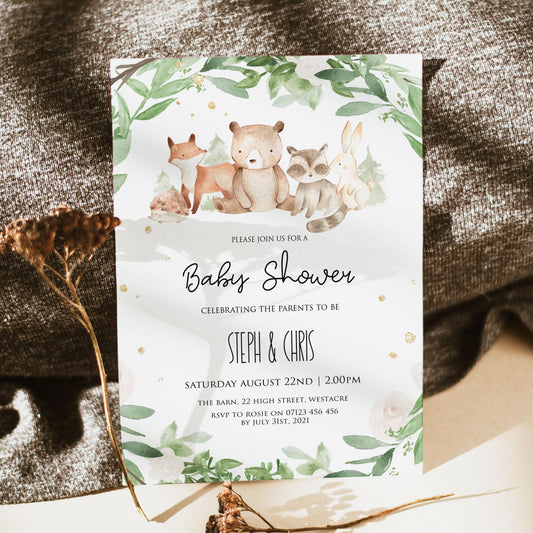 editable woodland animals baby shower invitation, printable woodland animals baby shower invitation, woodland animals baby theme, editable baby shower invitation