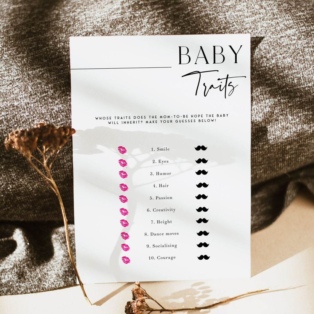 baby traits baby shower game, printable baby shower games, editable baby shower games, modern baby shower games, minimalist baby shower