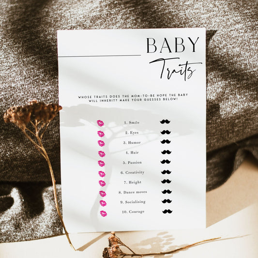 baby traits baby shower game, printable baby shower games, editable baby shower games, modern baby shower games, minimalist baby shower