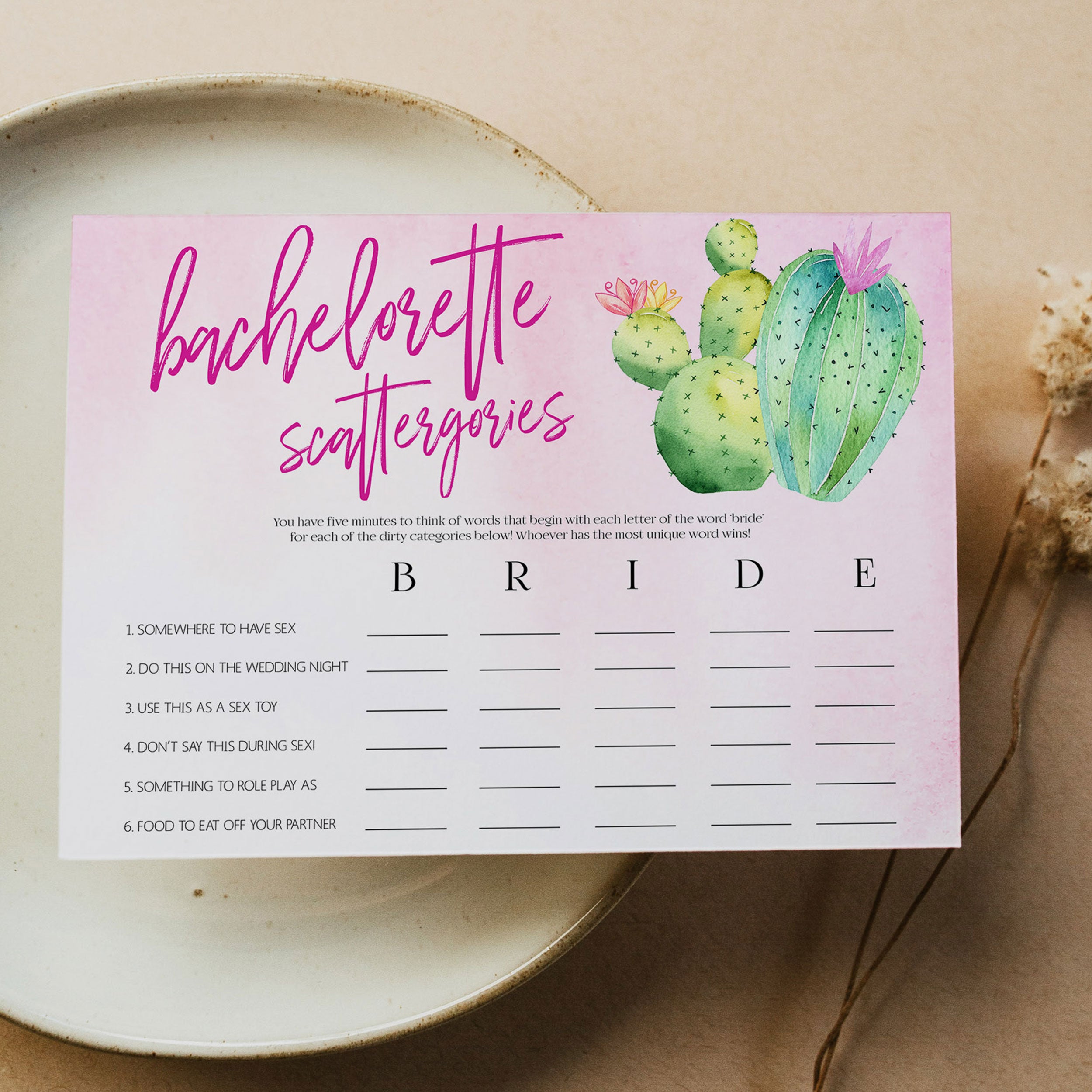 Bachelorette party game printable Bachelorette Scattergories, with a pink fiesta background and watercolour cactus design