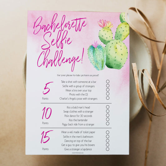Bachelorette party game printable Bachelorette Selfie Challenge, with a pink background and watercolour cactus design
