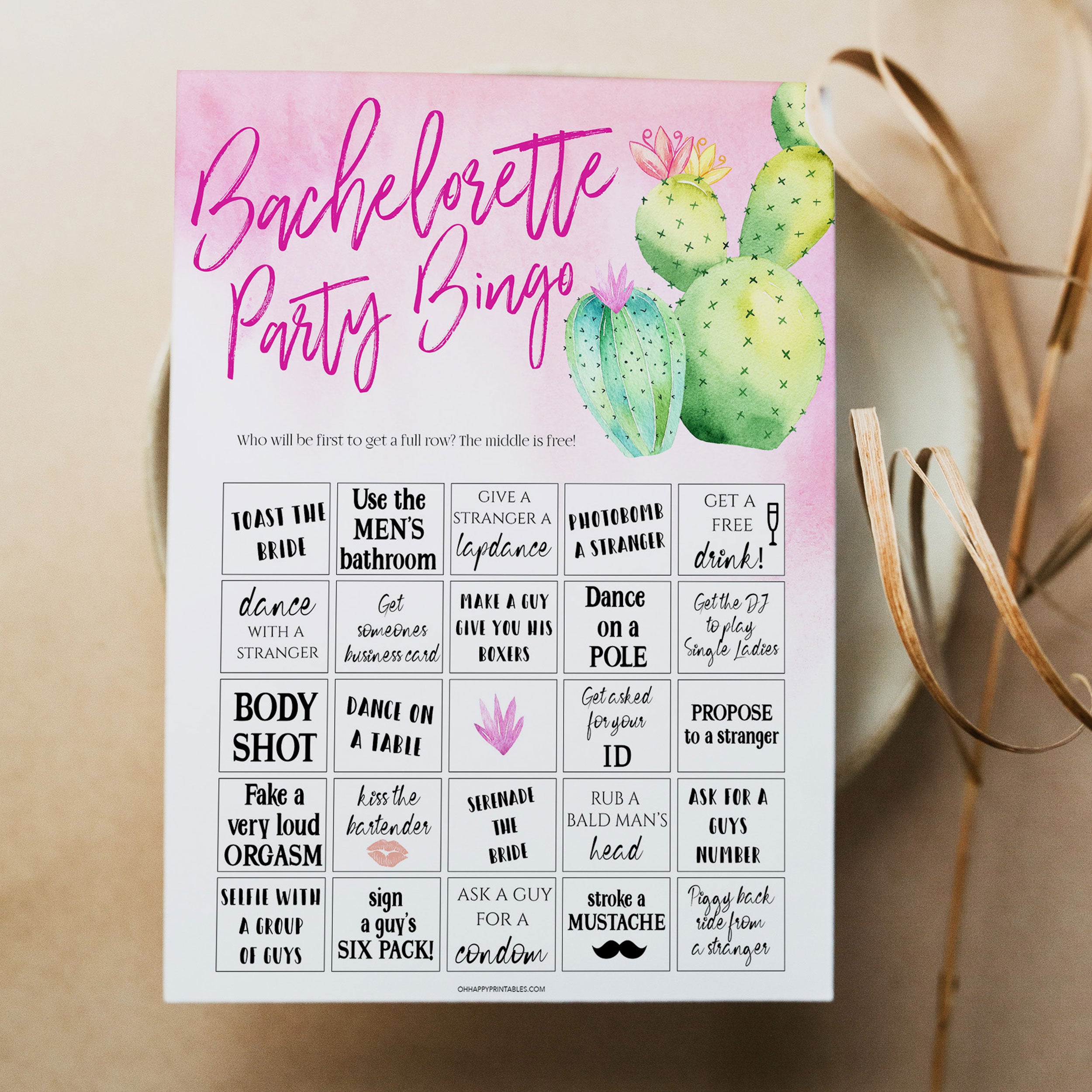 Bachelorette party game Bachelorette Party Bingo, with a pink background and watercolour cactus design
