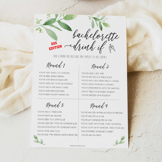 bachelorette drink if game, greenery bridal shower, fun bridal shower games, bachelorette party games, floral bridal games, hen party ideas