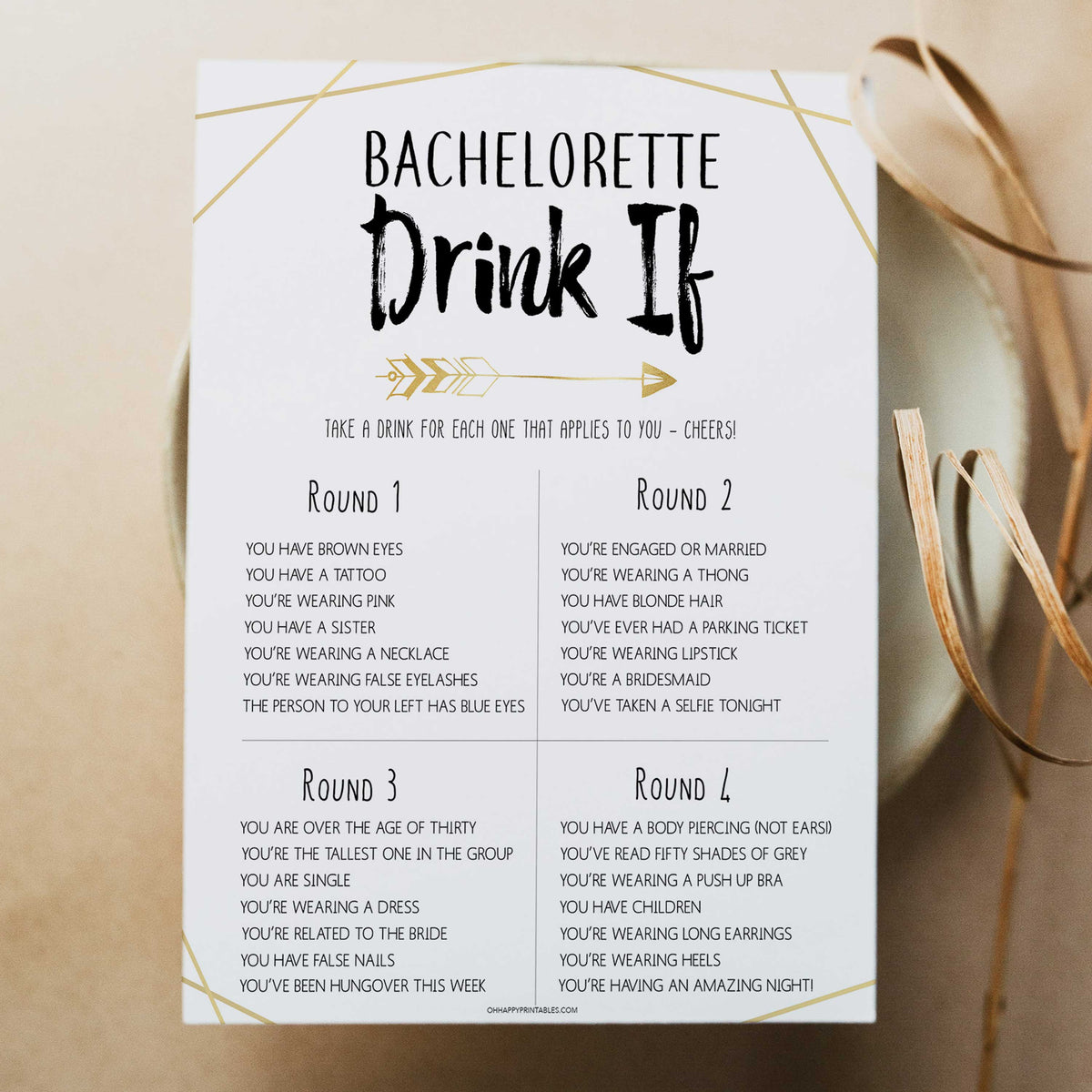 bachelorette drink if game, bride tribe bridal games, printable bridal shower games, bride tribe, fun bridal shower games