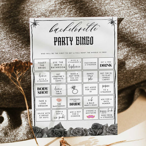 Fully editable and printable bridal shower bachelorette Party Bingo game with a gothic design. Perfect for a Bride or Die or Death Us To Party bridal shower themed party