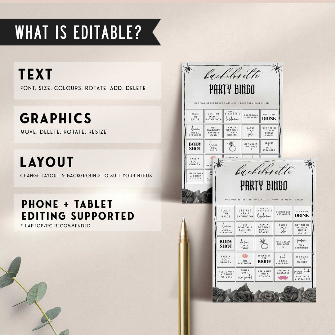 Fully editable and printable bridal shower bachelorette Party Bingo game with a gothic design. Perfect for a Bride or Die or Death Us To Party bridal shower themed party