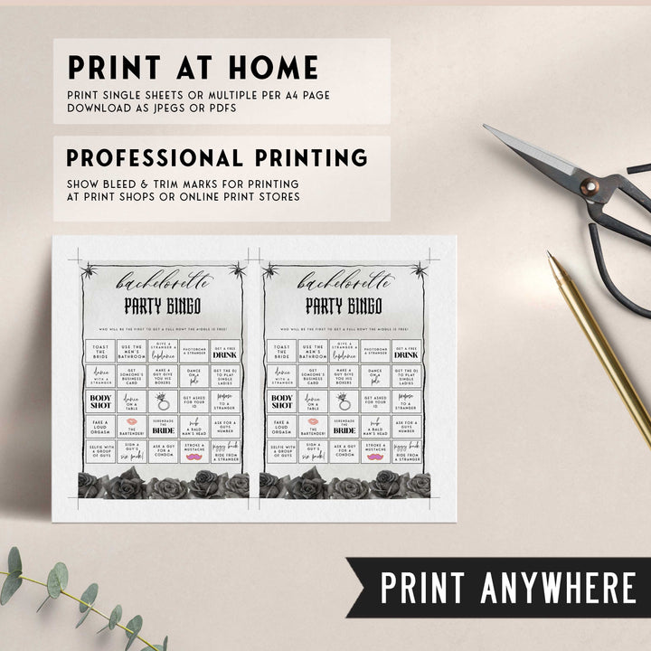 Fully editable and printable bridal shower bachelorette Party Bingo game with a gothic design. Perfect for a Bride or Die or Death Us To Party bridal shower themed party