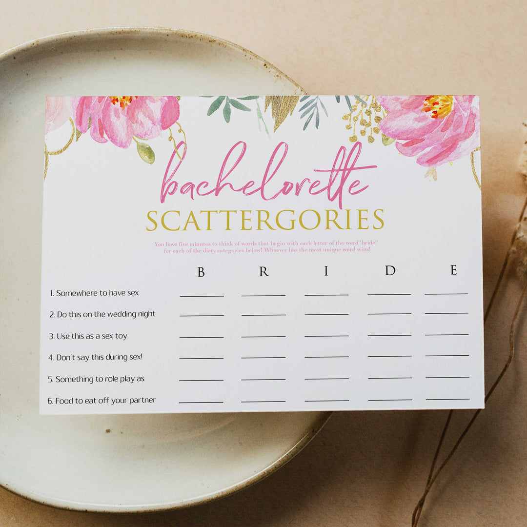 bachelorette scattergories game, dirty minds game, dirty little secrets game, dirty emoji pictionary game, date night jar, printable bridal shower games, blush floral bridal shower games, fun bridal shower games