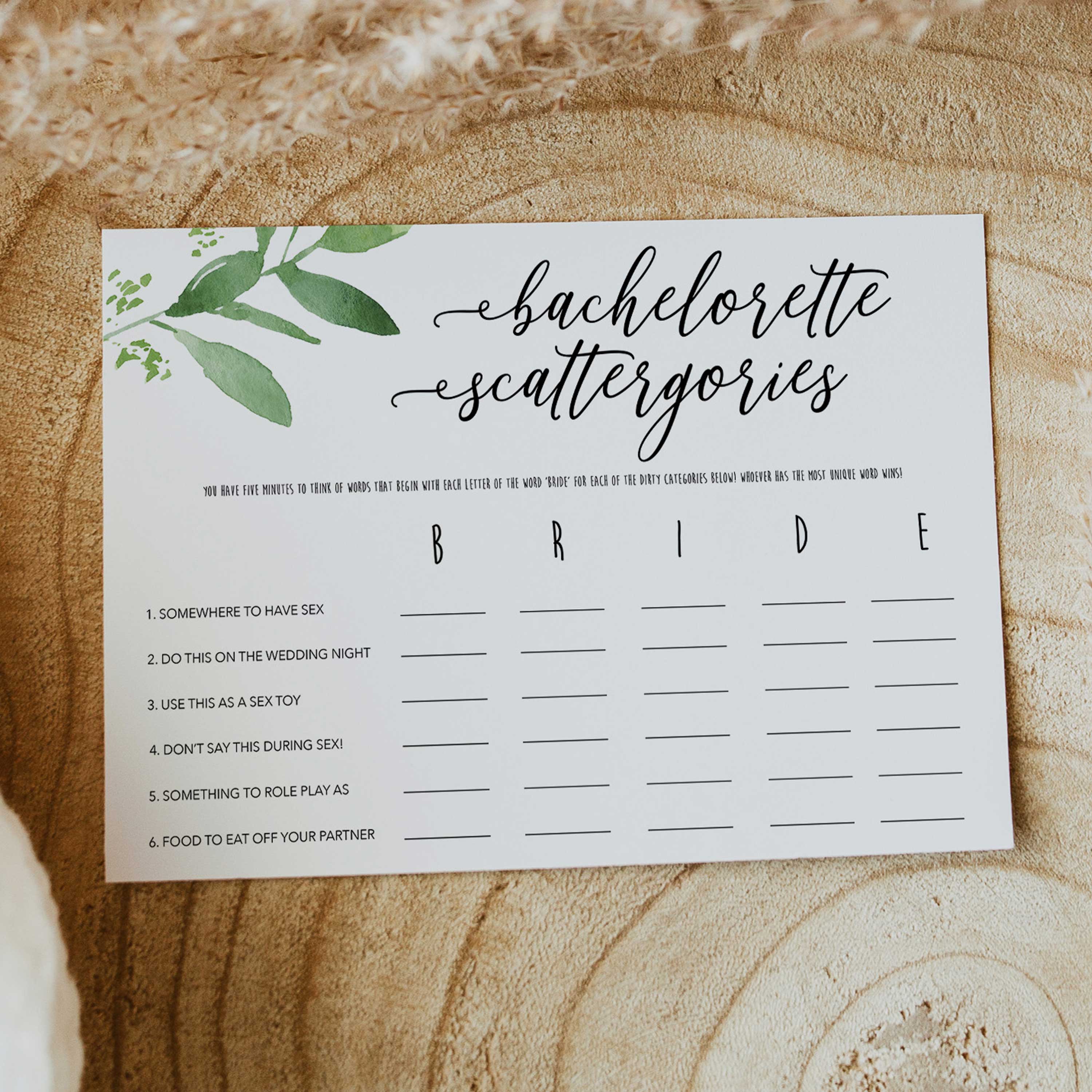 bachelorette scattergories game, greenery bridal shower, fun bridal shower games, bachelorette party games, floral bridal games, hen party ideas