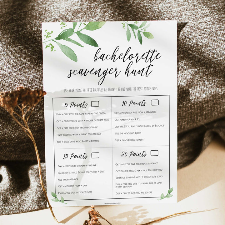 bachelorette scavenger hunt, greenery bridal shower, fun bridal shower games, bachelorette party games, floral bridal games, hen party ideas