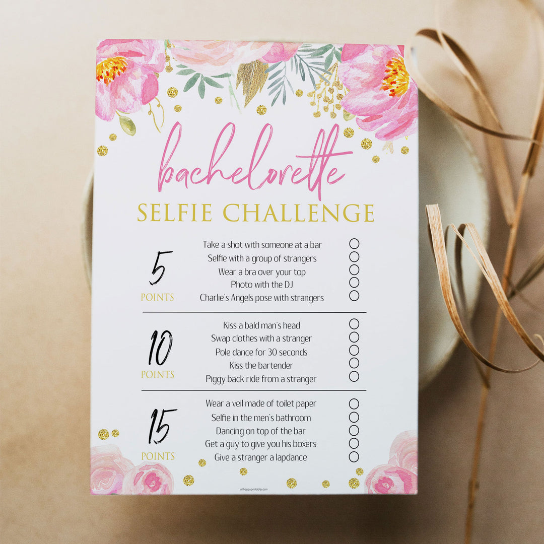 bachelorette selfie challenge, printable bridal shower games, blush floral bridal shower games, fun bridal shower games