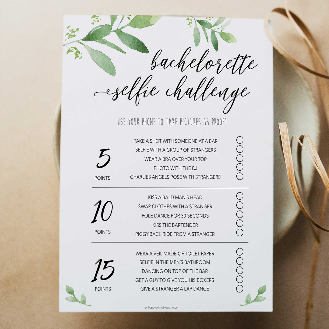 bachelorette selfie challenge, greenery bridal shower, fun bridal shower games, bachelorette party games, floral bridal games, hen party ideas