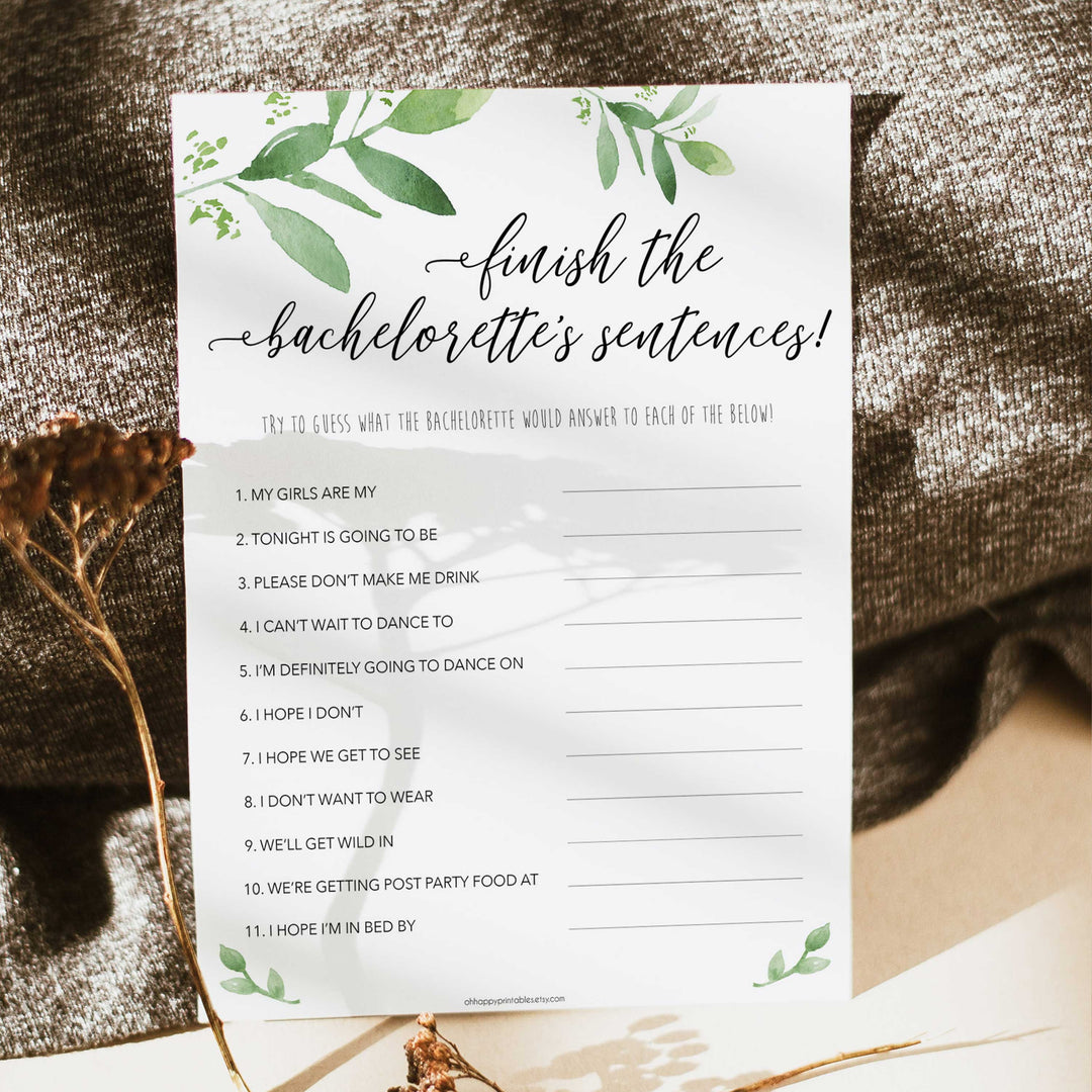 finish bachelorette sentences game, greenery bridal shower, fun bridal shower games, bachelorette party games, floral bridal games, hen party ideas