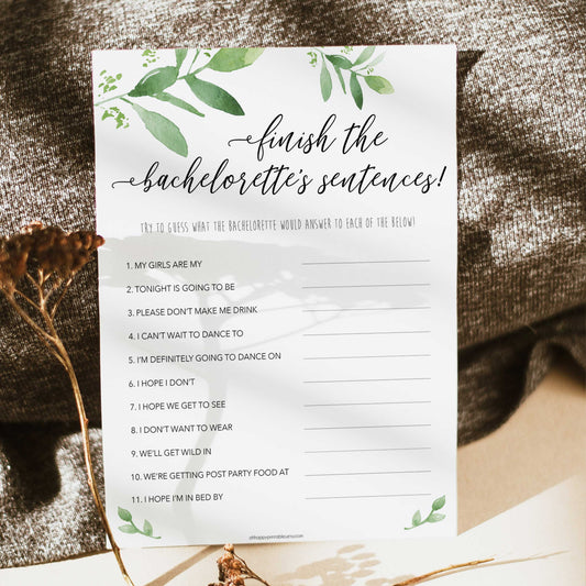 finish bachelorette sentences game, greenery bridal shower, fun bridal shower games, bachelorette party games, floral bridal games, hen party ideas