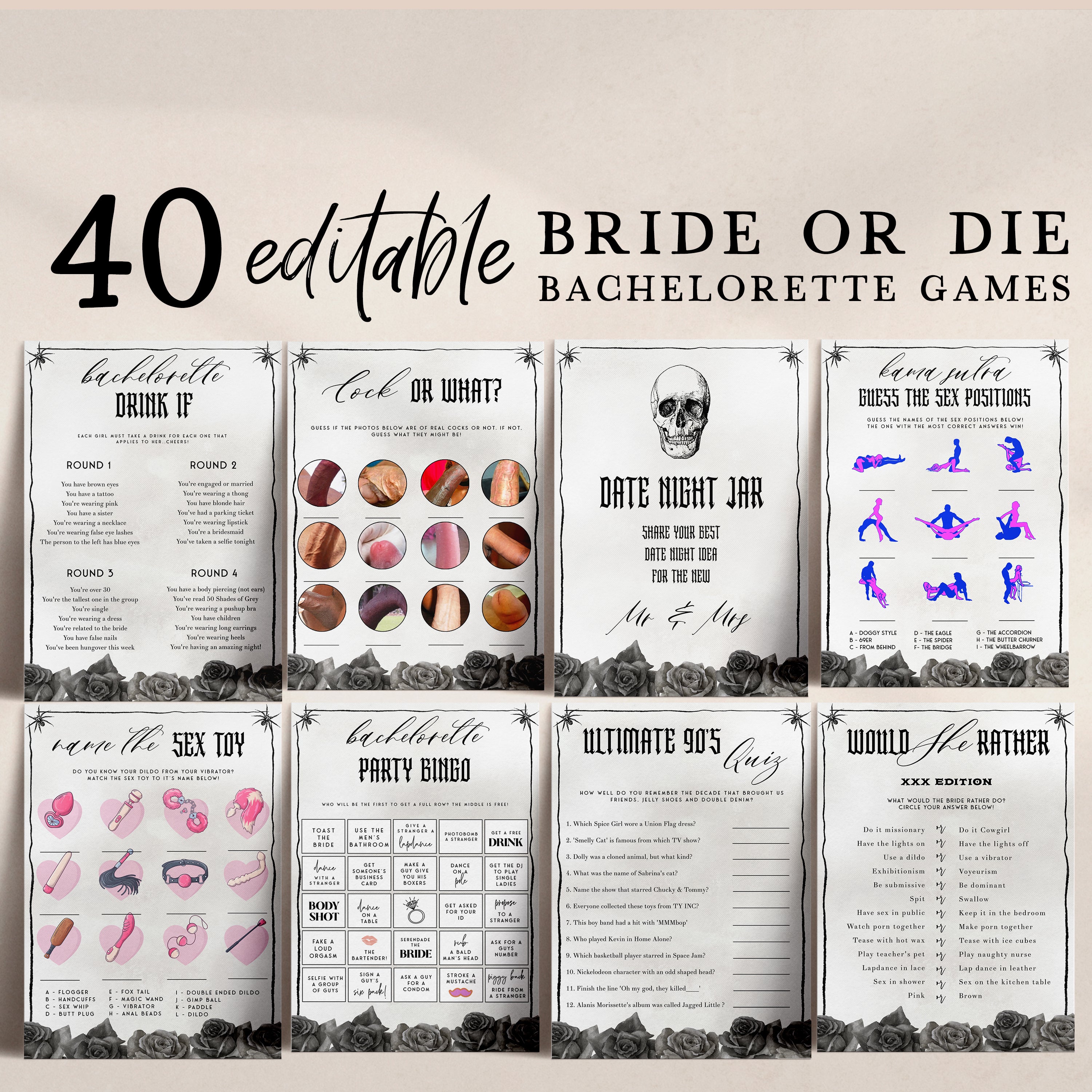 Fully editable and printable 40 bachelorette bride or die games with a gothic design. Perfect for a Bride or Die bachelorette themed party