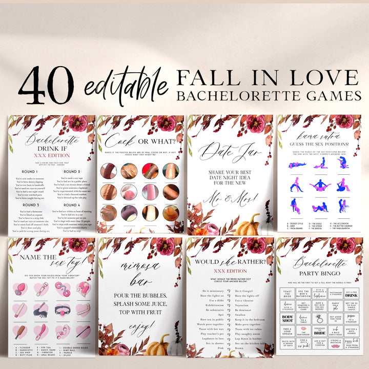 Fully editable and printable 40 bachelorette games with a Fall design. Perfect for a fall floral bridal shower