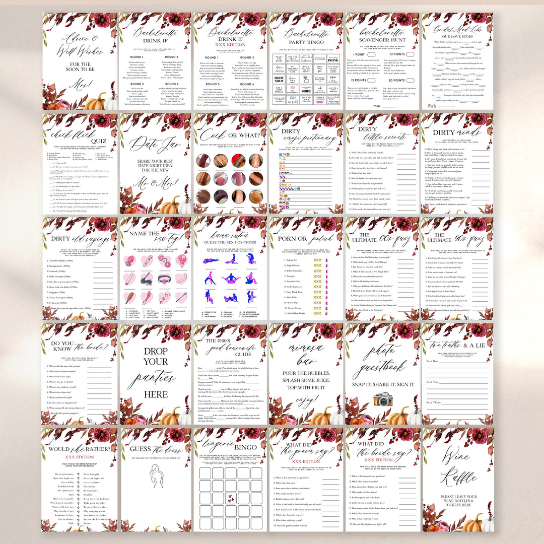 Fully editable and printable 40 bachelorette games with a Fall design. Perfect for a fall floral bridal shower