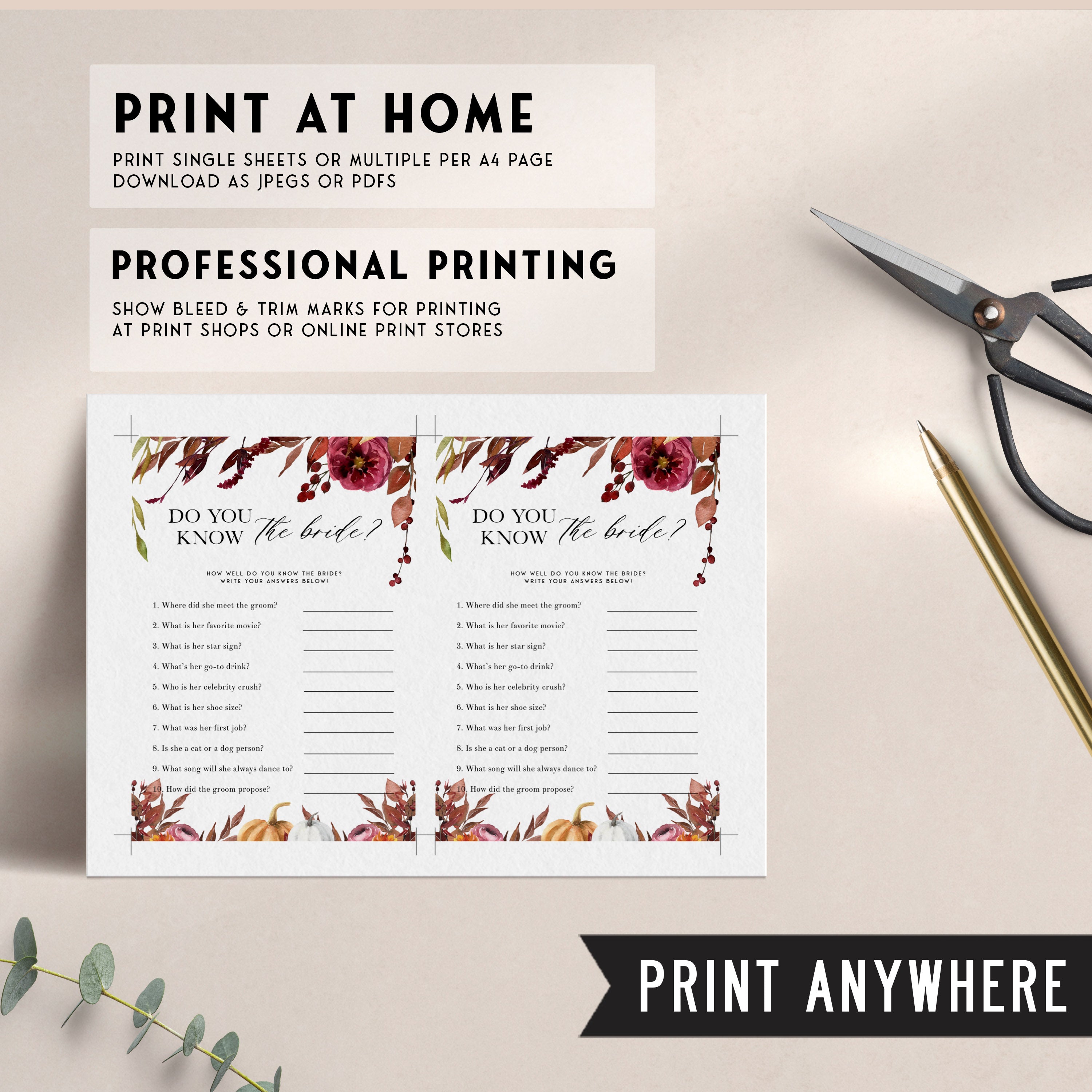 Fully editable and printable 40 bachelorette games with a Fall design. Perfect for a fall floral bridal shower