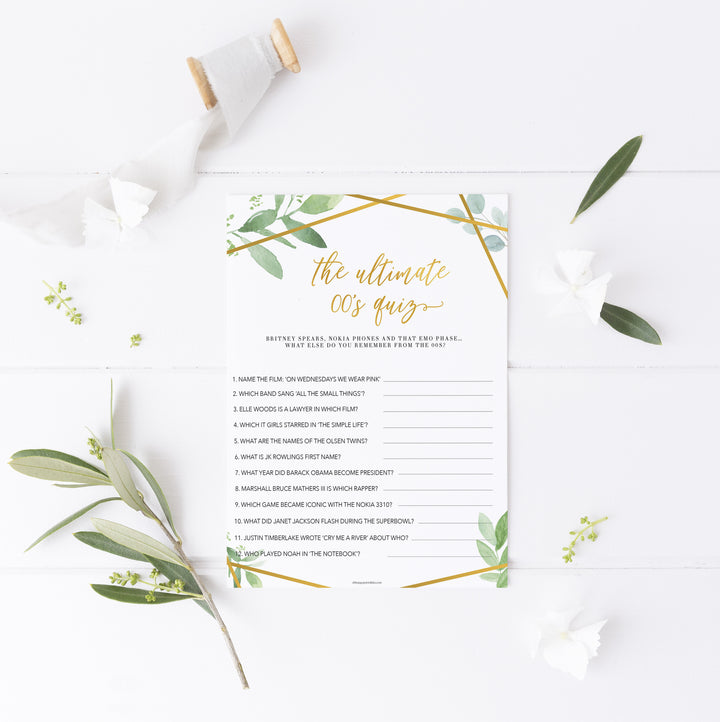 the ultimate 00s quiz game, printable bridal shower games, fun bridal shower games, floral bridal shower, gold bridal shower games