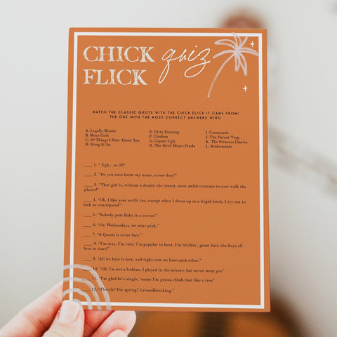 Fully editable and printable bridal shower chick flick quiz game with a Palm Springs design. Perfect for a Palm Springs bridal shower themed party