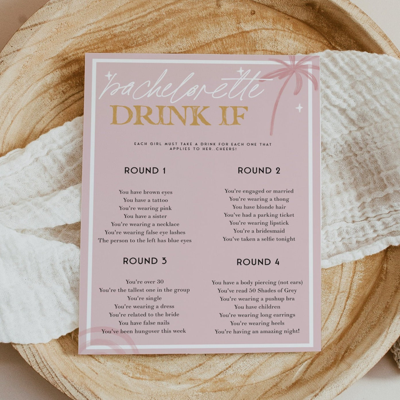 Fully editable and printable bridal shower bachelorette drink if game with a Palm Springs design. Perfect for a Palm Springs bridal shower themed party