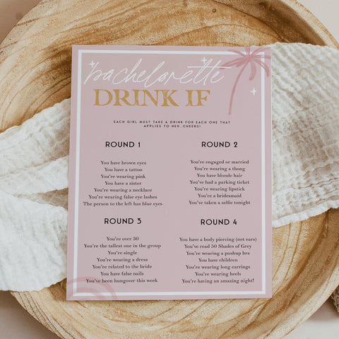 Fully editable and printable bridal shower bachelorette drink if game with a Palm Springs design. Perfect for a Palm Springs bridal shower themed party
