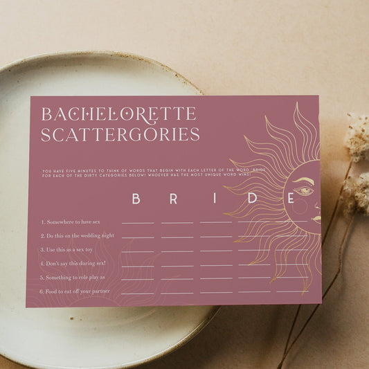 Fully editable and printable bachelorette scattergories game with a celestial design. Perfect for a celestial bridal shower themed party