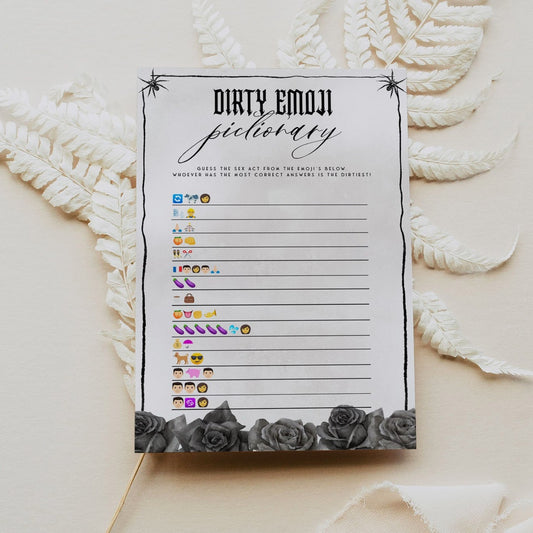 Fully editable and printable bridal shower dirty emoji pictionary game with a gothic design. Perfect for a Bride or Die or Death Us To Party bridal shower themed party