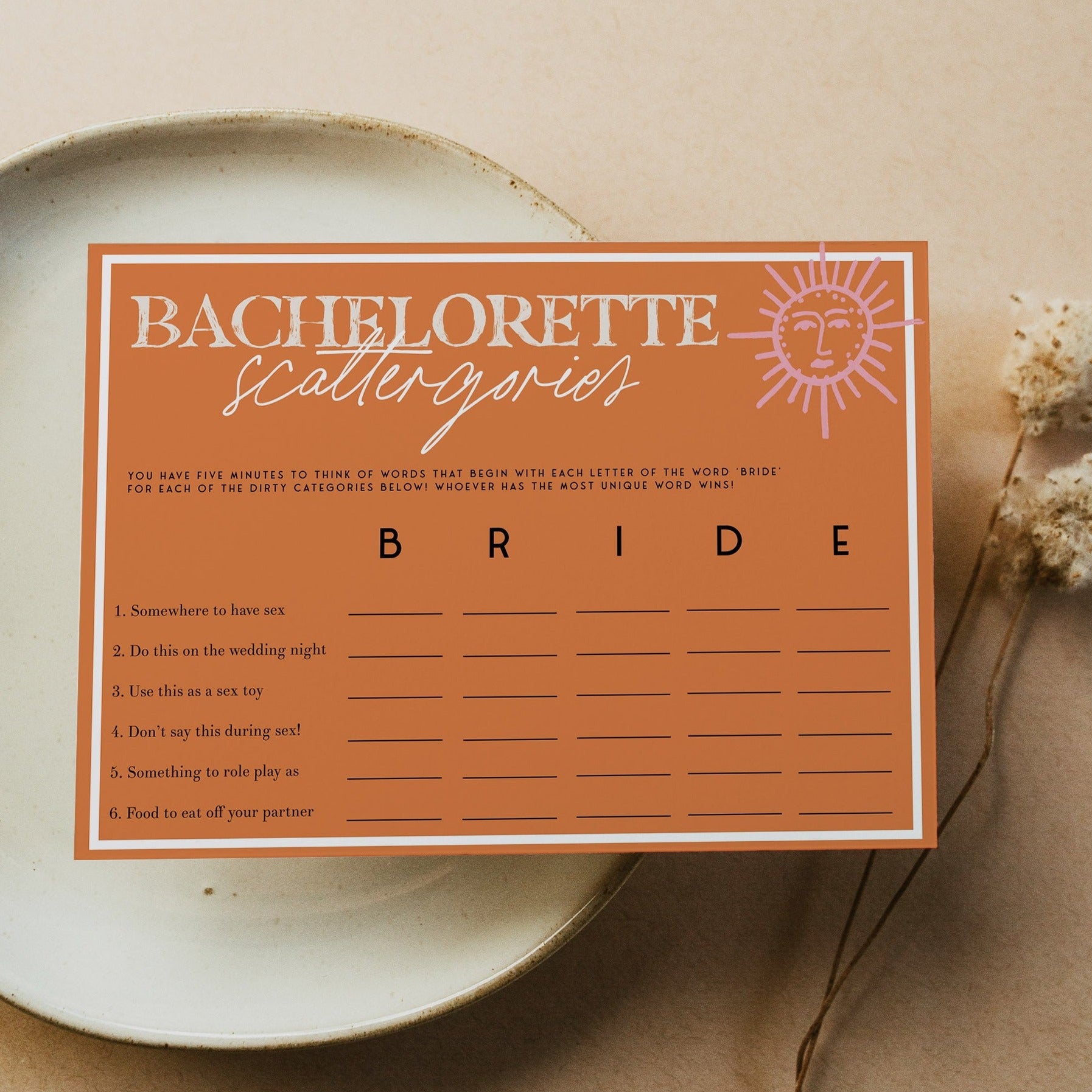 Fully editable and printable bridal shower bachelorette scattergories game with a Palm Springs design. Perfect for a Palm Springs bridal shower themed party