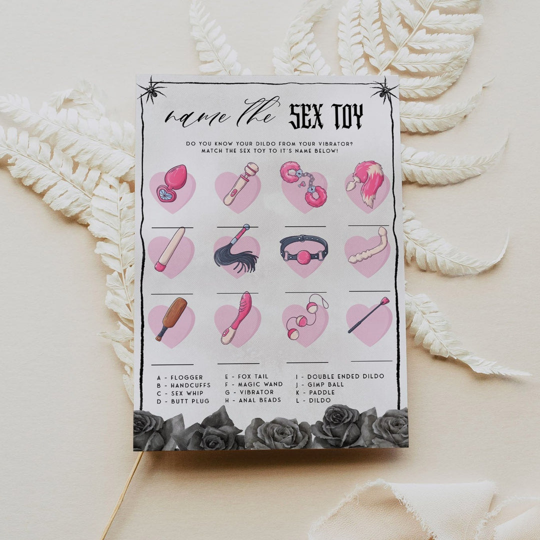 Fully editable and printable bridal shower name the sex toy game with a gothic design. Perfect for a Bride or Die or Death Us To Party bridal shower themed party